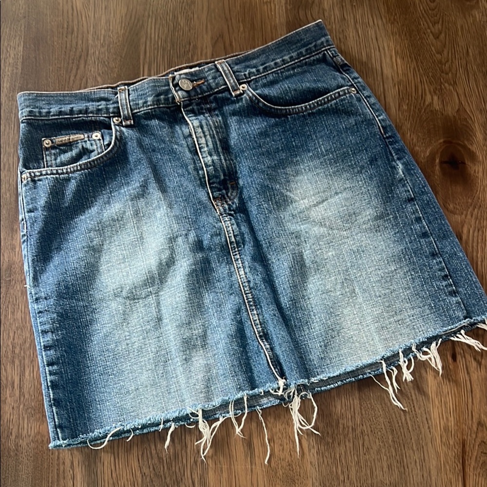 Calvin Klein Womens Denim Blue Frayed Hem Jean Skirt 8